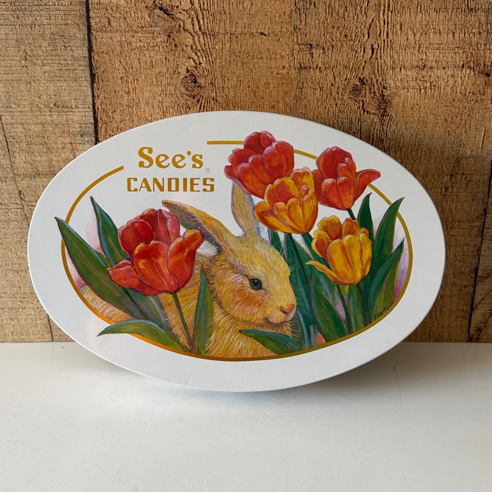 90’s See's Candies Oval Tin with Tulips and Bunny